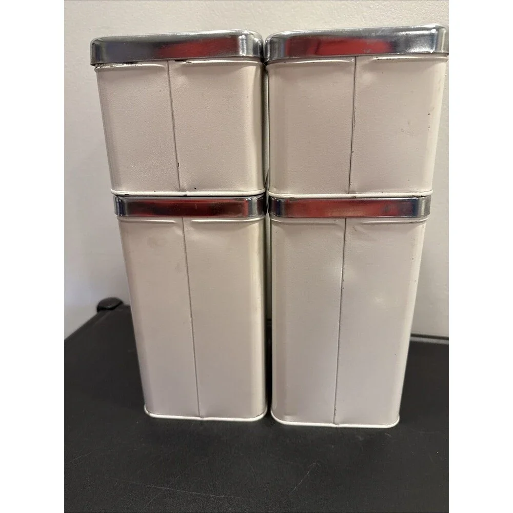 EKCO Canada Vintage Metal MCM Kitchen Canister Set Of 4 White Silver Green Trim